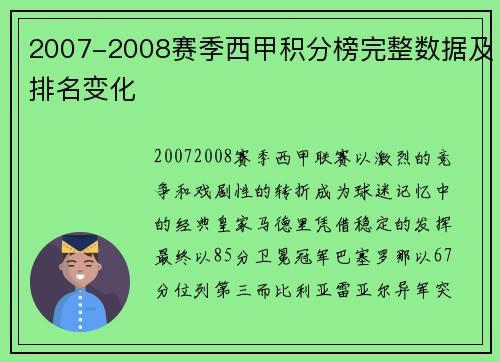 2007-2008赛季西甲积分榜完整数据及排名变化