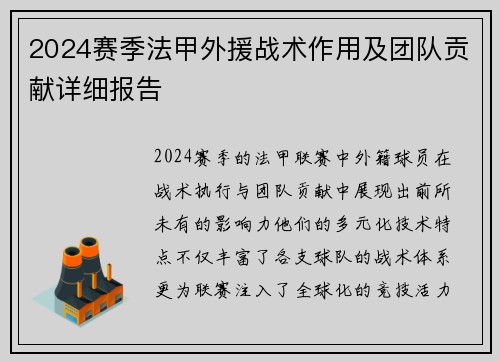 2024赛季法甲外援战术作用及团队贡献详细报告